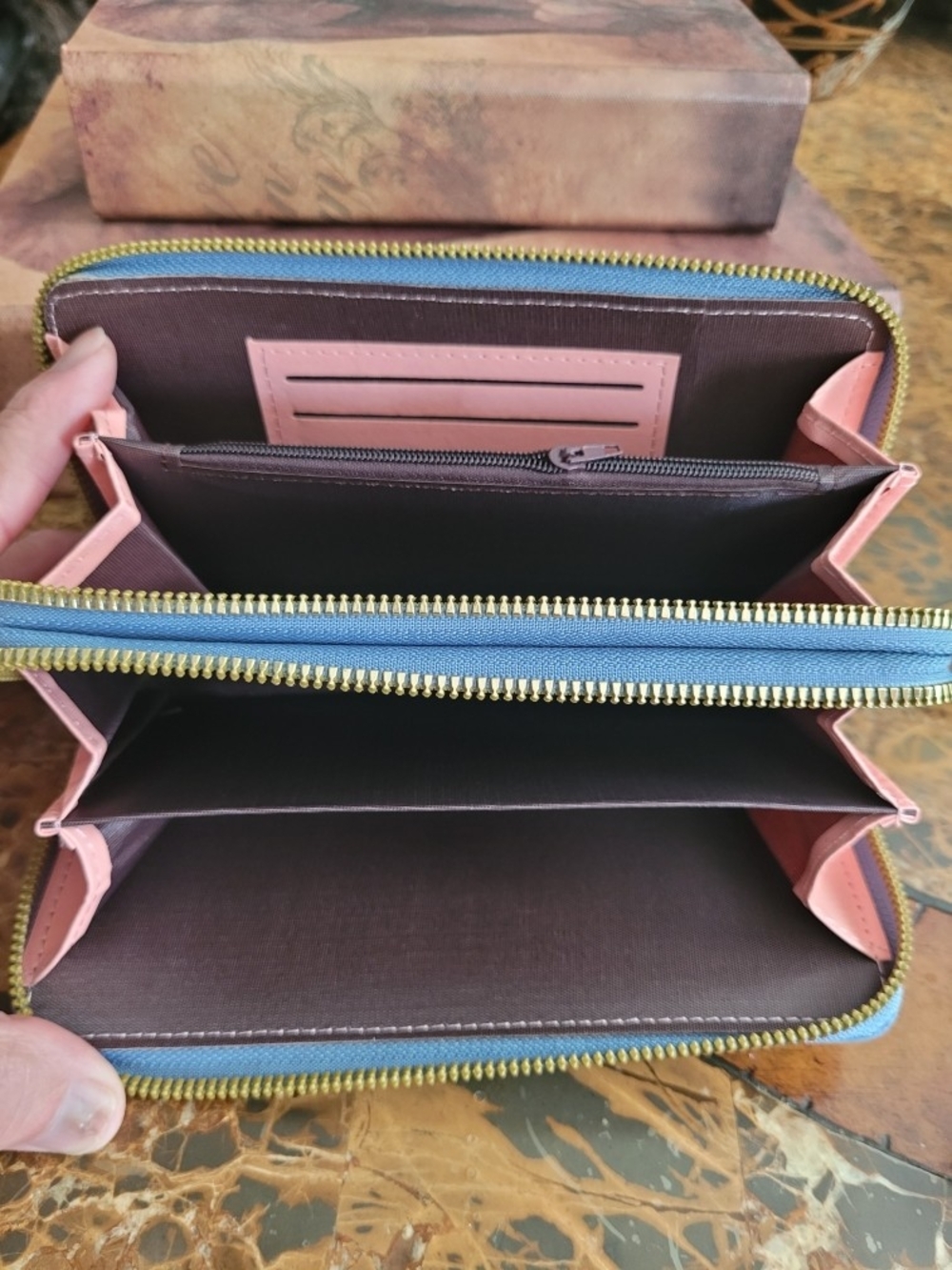 Light Blue Faux Leather Wallet with Gold Accent - Picture 7 of 8